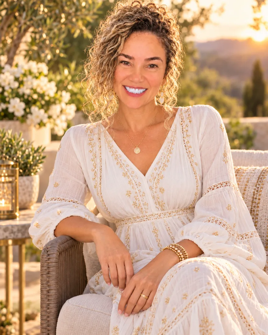 Retrato de Rainnah Felix sorrindo, com vestido branco, ao pôr do sol